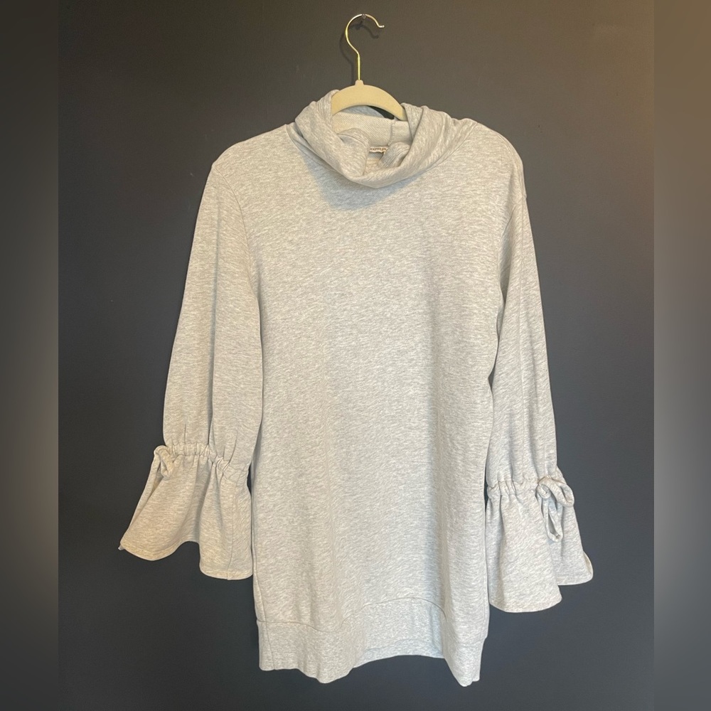 grey turtleneck sweater dress with flaired sleeves